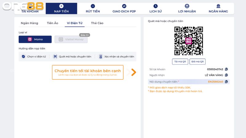 Các bước nạp tiền ONE88 qua ví điện tử