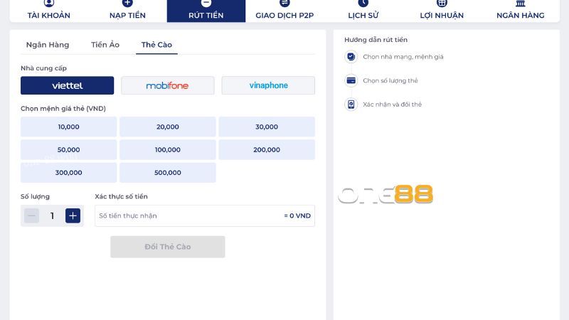 Hướng dẫn cách rút tiền ONE88 qua thẻ cào