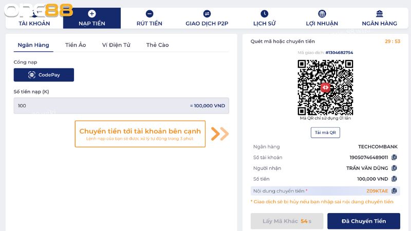 Nạp tiền ONE88 qua ngân hàng